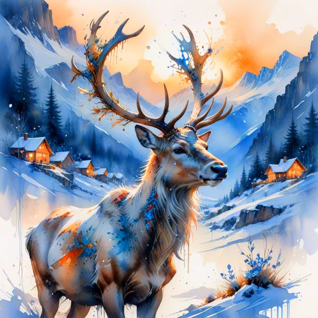 Majestic Reindeer in Twilight Alpine Village