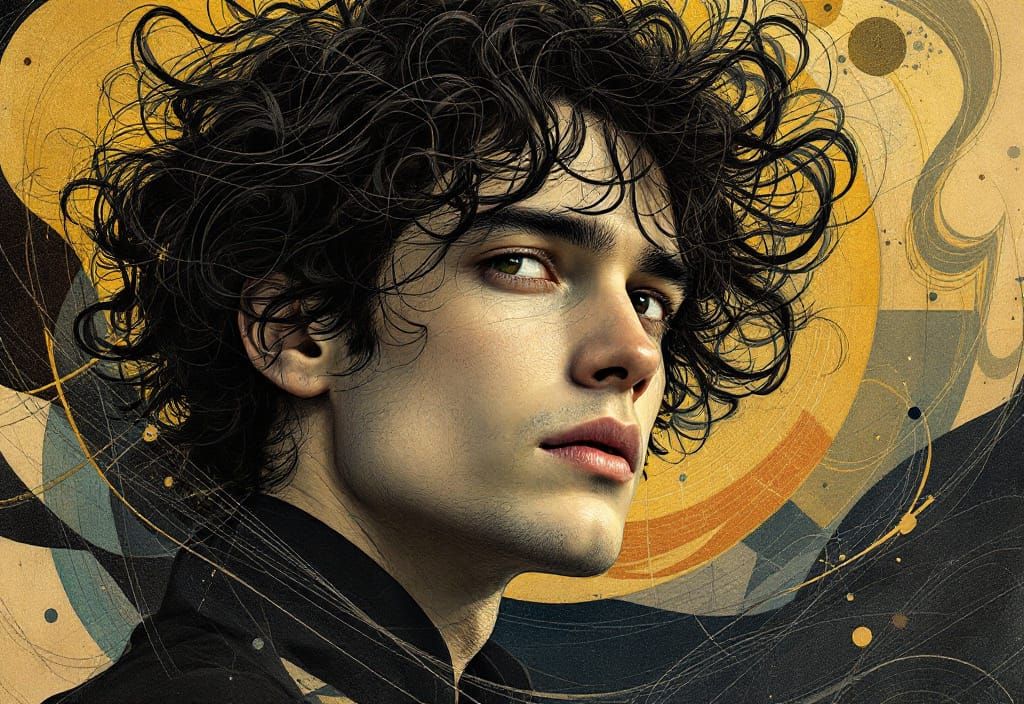 Art Deco Portrait of Man with Swirling Hair