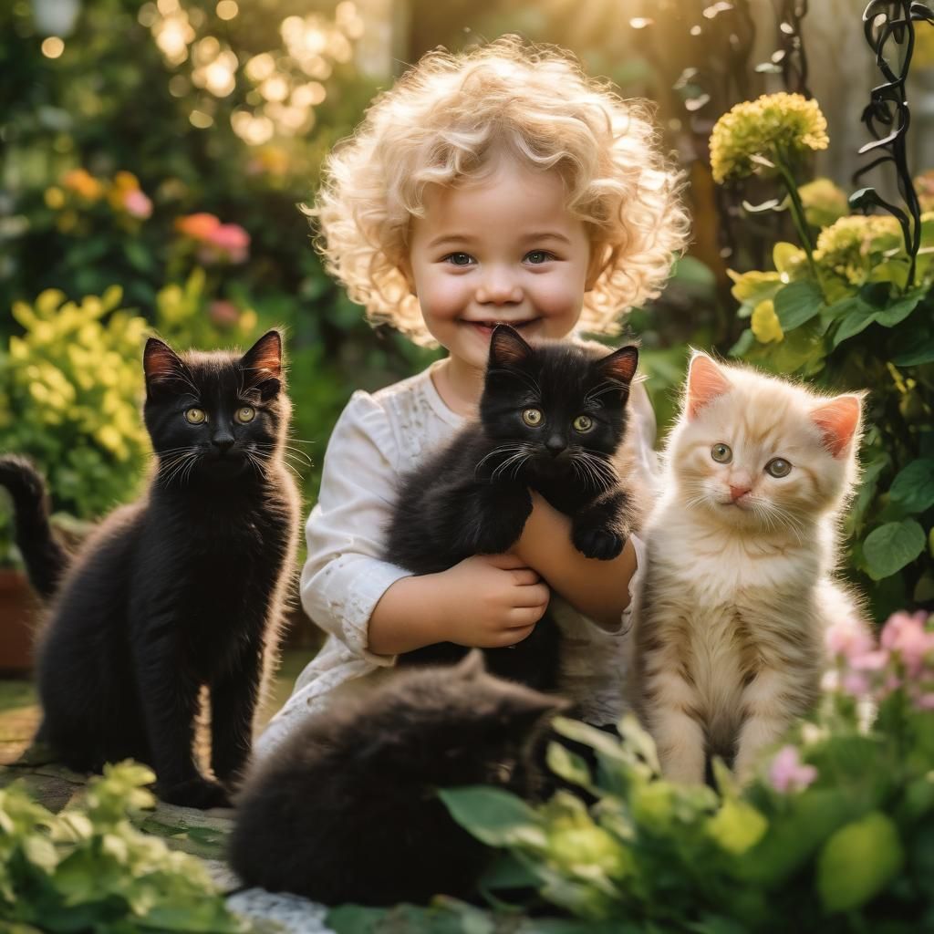 Toddler's Joy: Kittens in a Sunny Garden