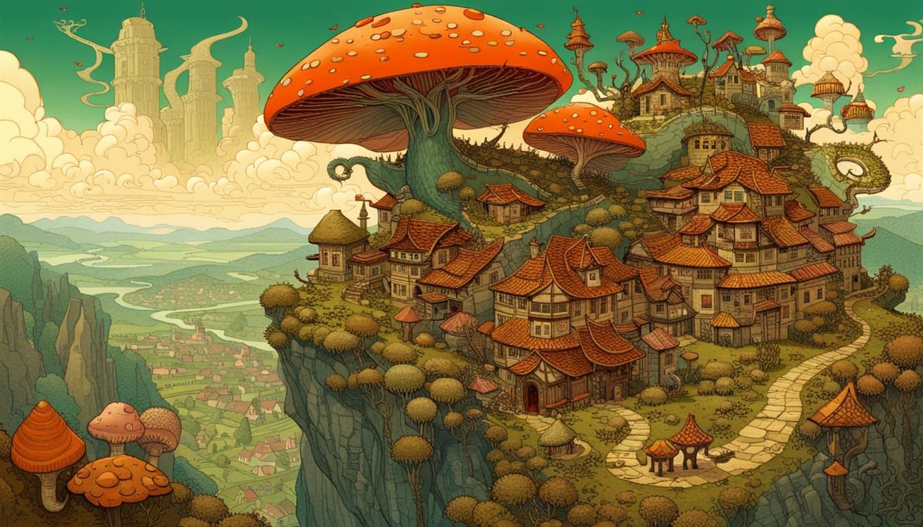 Fantasy Dragon Landscape with Giant Mushrooms