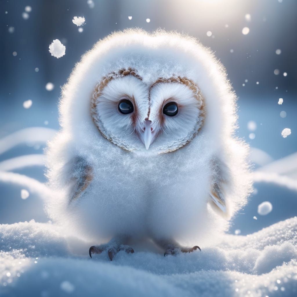 Fluffy White Barn Owl in Winter Snow