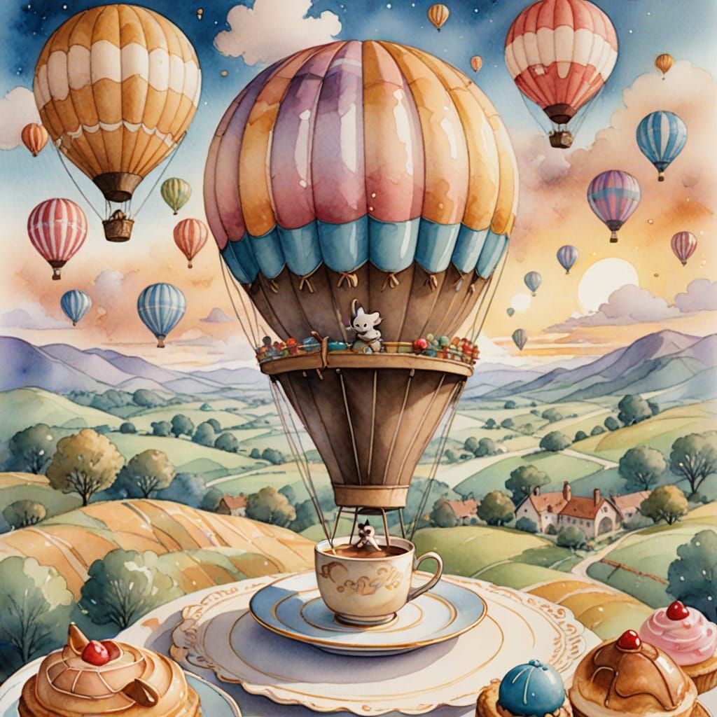 Mouse in Coffee Cup Balloon Over Pastry Land