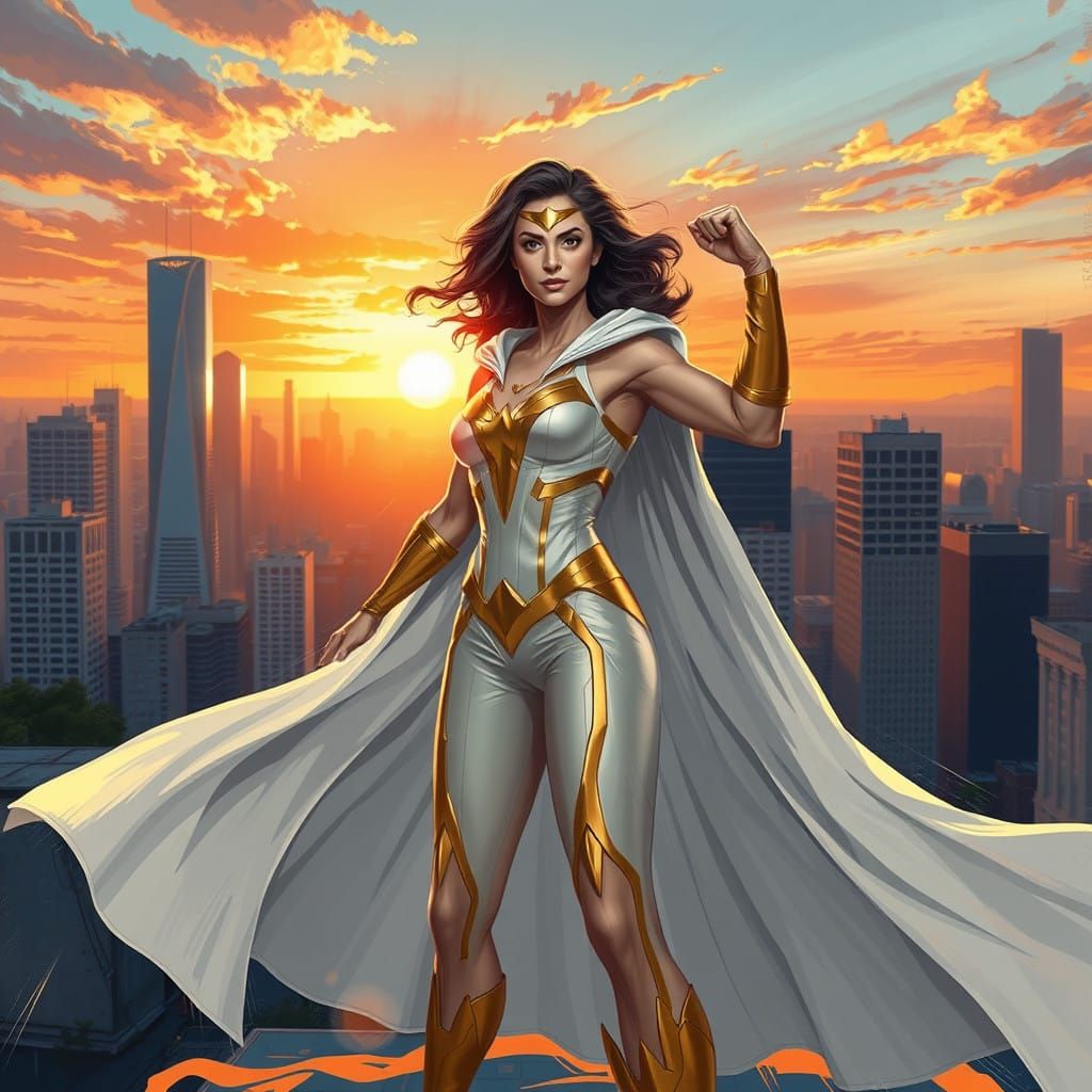 Heroic Woman in Sunset Cityscape as Vibrant Digital Painting