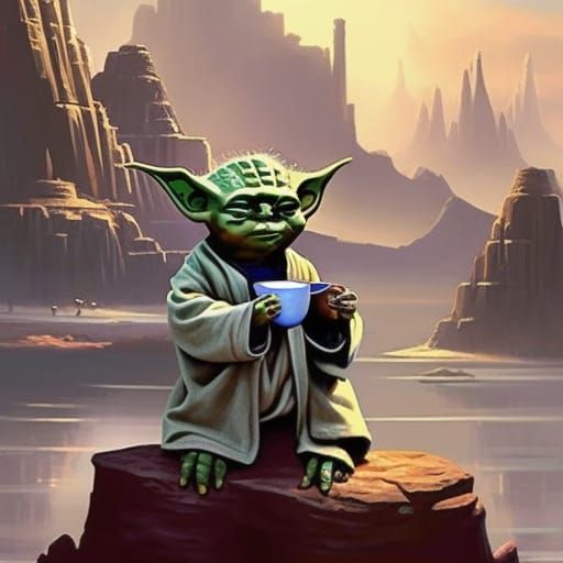 Grogu Sipping Soup: Dark Fantasy Concept Art