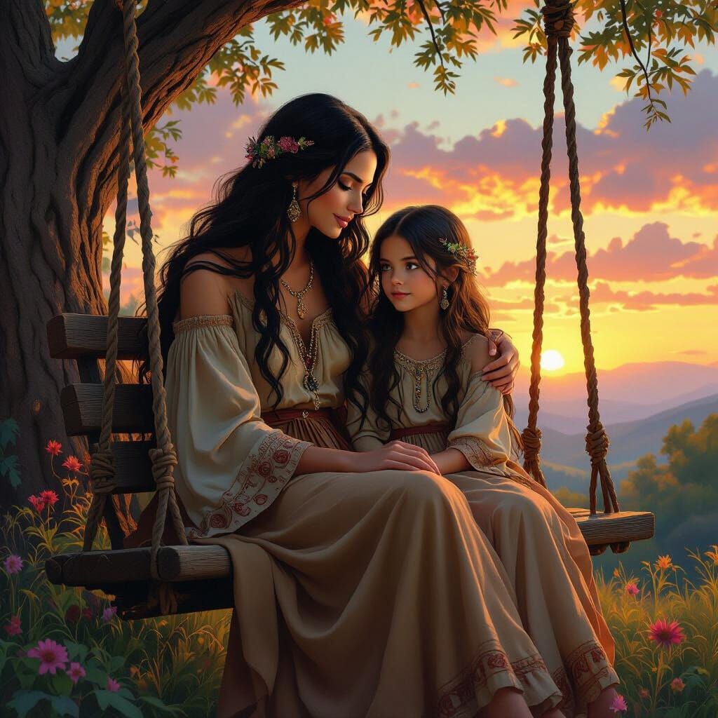 Mother and Daughter on Tree Swing at Sunset