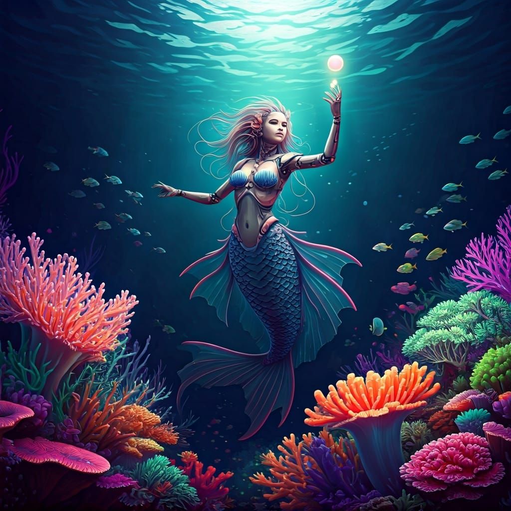 Biomechanical Mermaid's Cybernetic Dance in a Coral Reef