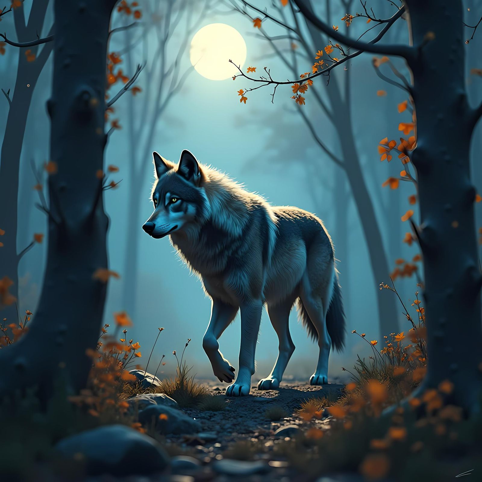 Grey Wolf in Misty Forest: Fantasy Concept Art