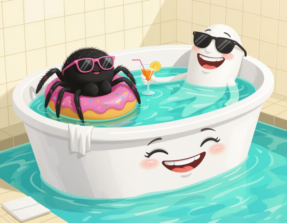 Cute Spider Relaxing in Giant Bathtub