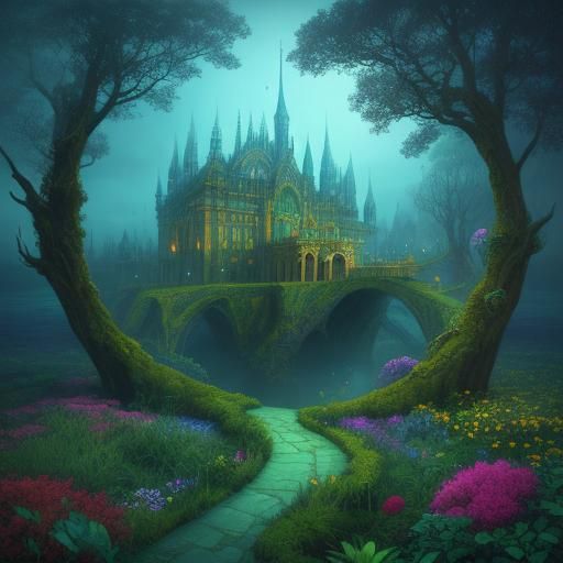 Majestic Palace in Lush Garden: Surrealist Landscape