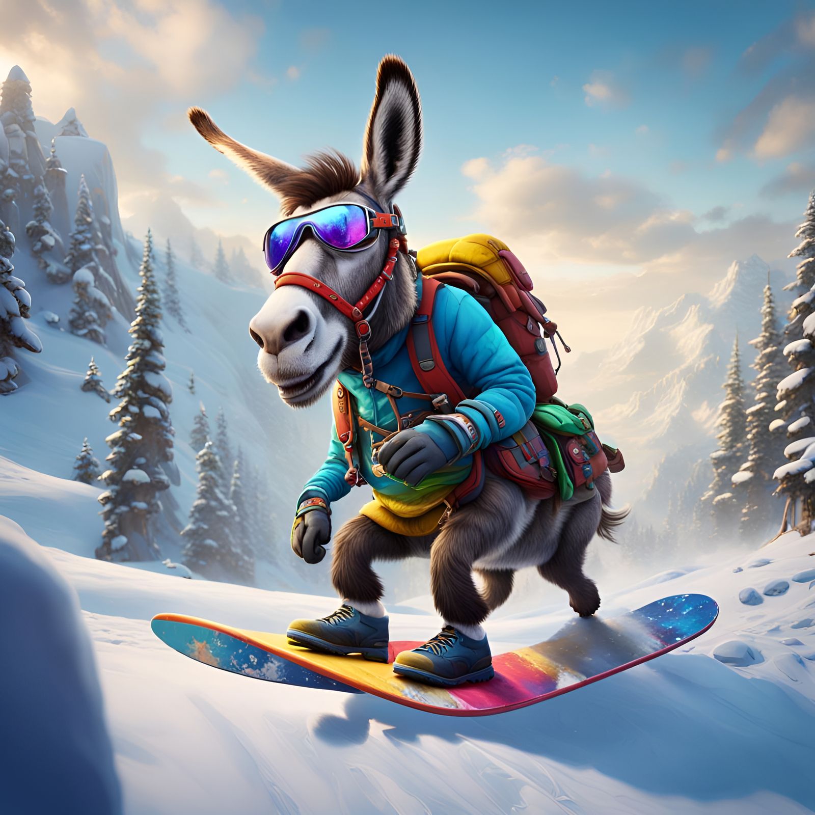 Funny Donkey Snowboarding in Detailed Matte Painting