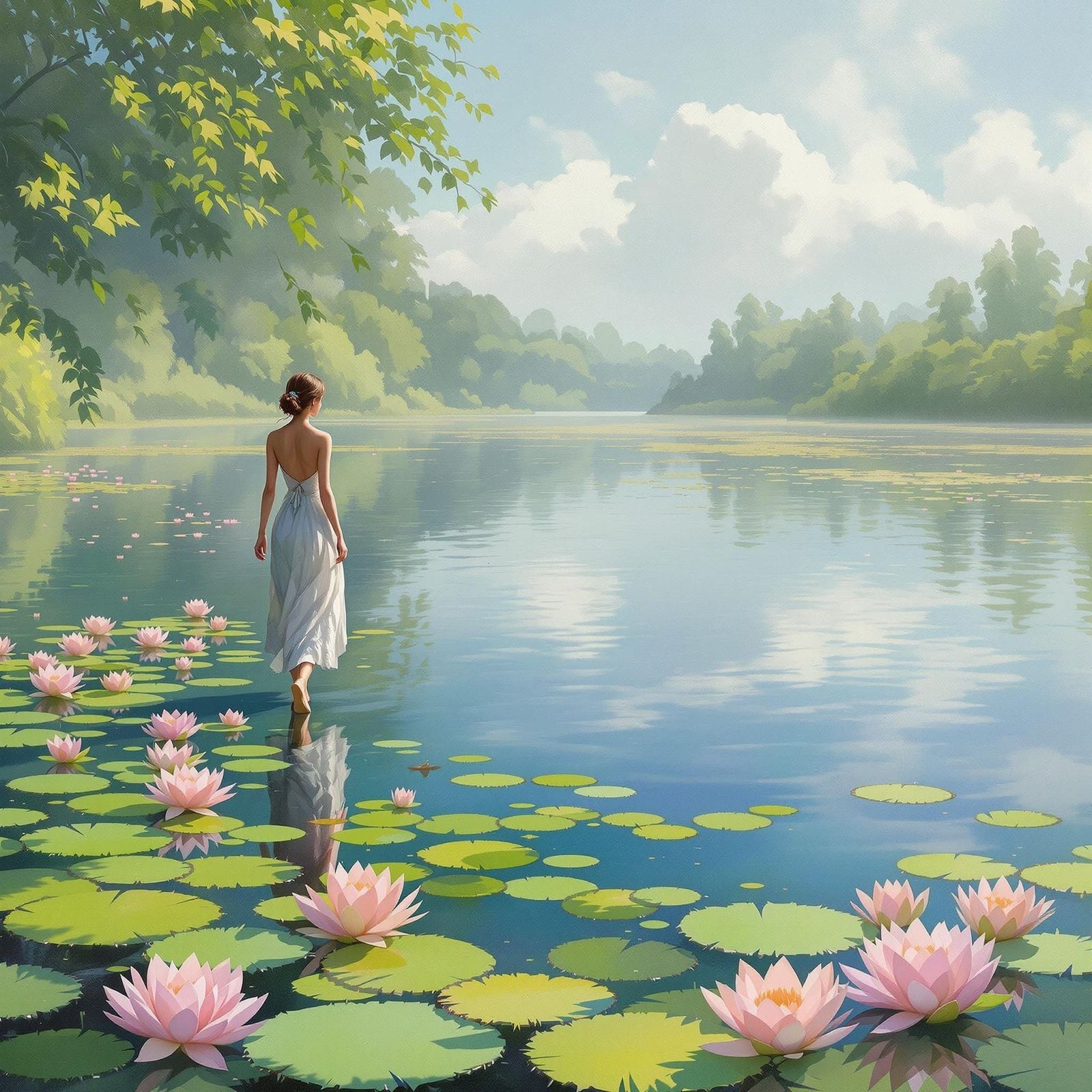 Impressionistic Woman Walking on Tranquil Lake