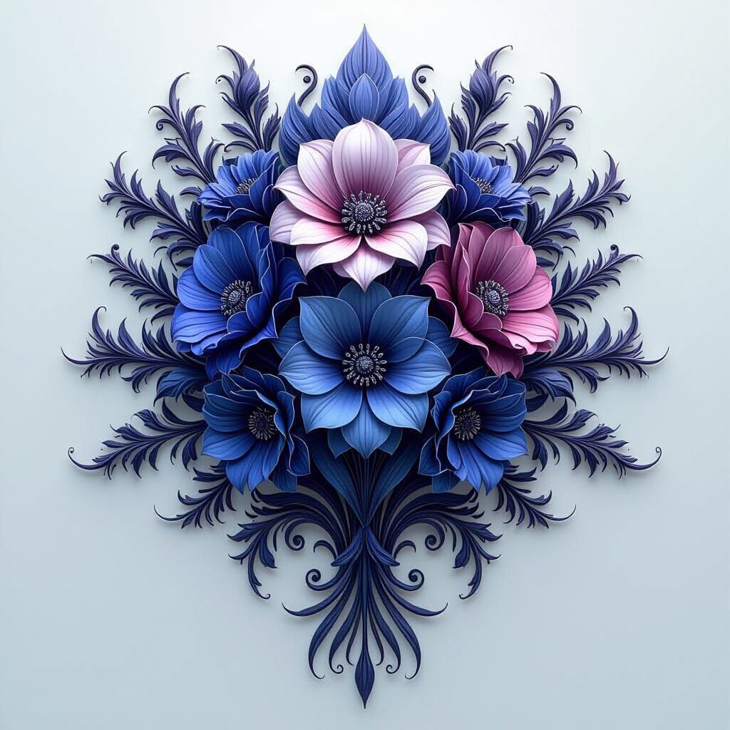Intricate Line Art Flowers in Deep Colors on White
