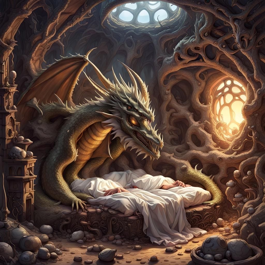 Sleeping Dragon in Bizarre Lair with Alien Hoard