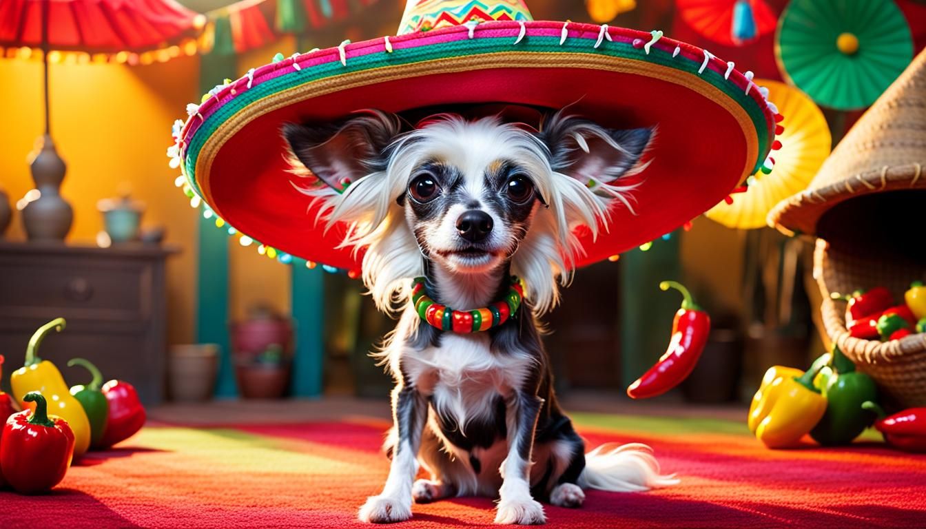 Chinese Crested Dog in Sombrero: Disney-Pixar Style