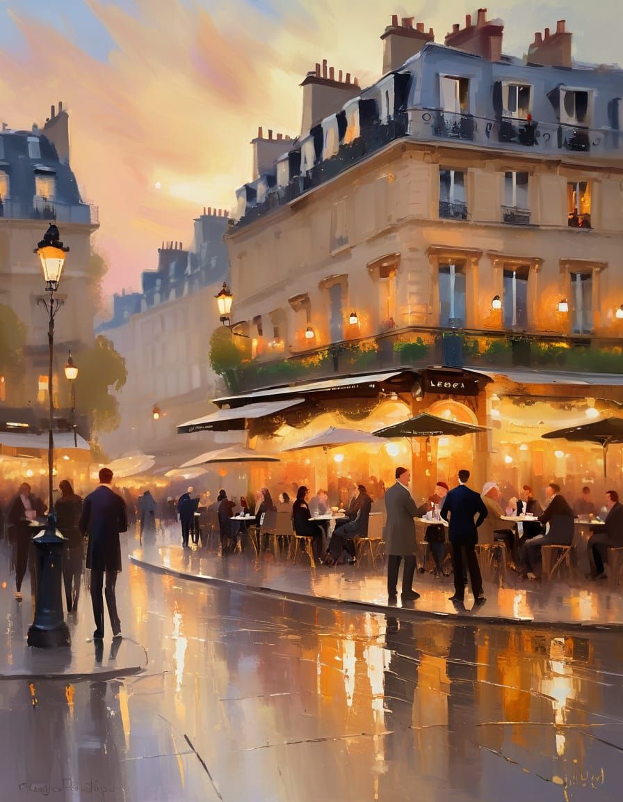 Parisian Cafe at Dusk in Impressionist Style