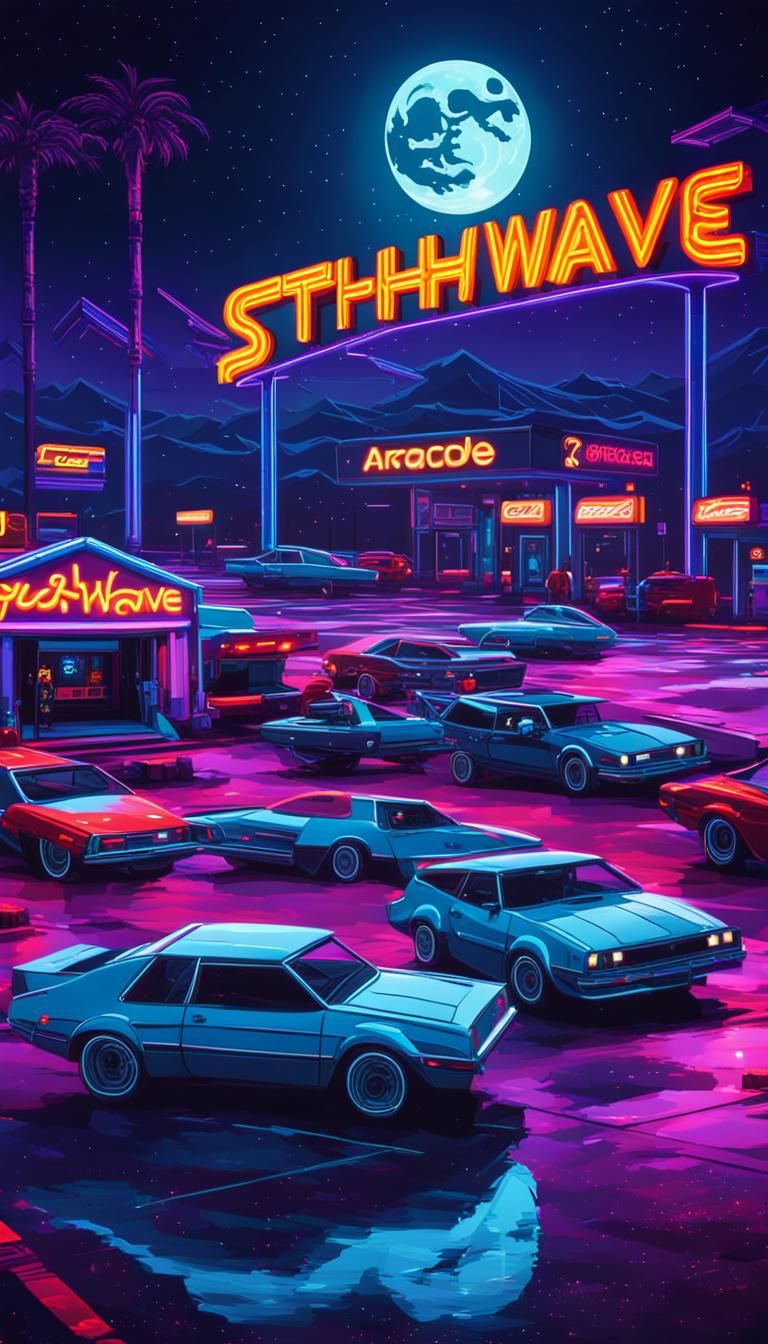 sythwave, neon purple blue and red lights, 80's arcade environment, retro cars, halloween, big mall background, gorgeous...