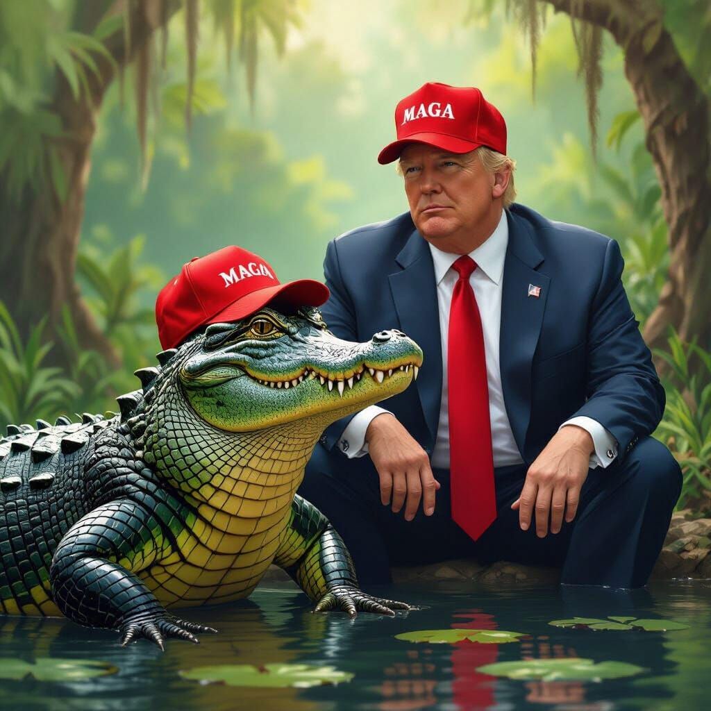 Trump and Alligator Portrait in Painterly Realism