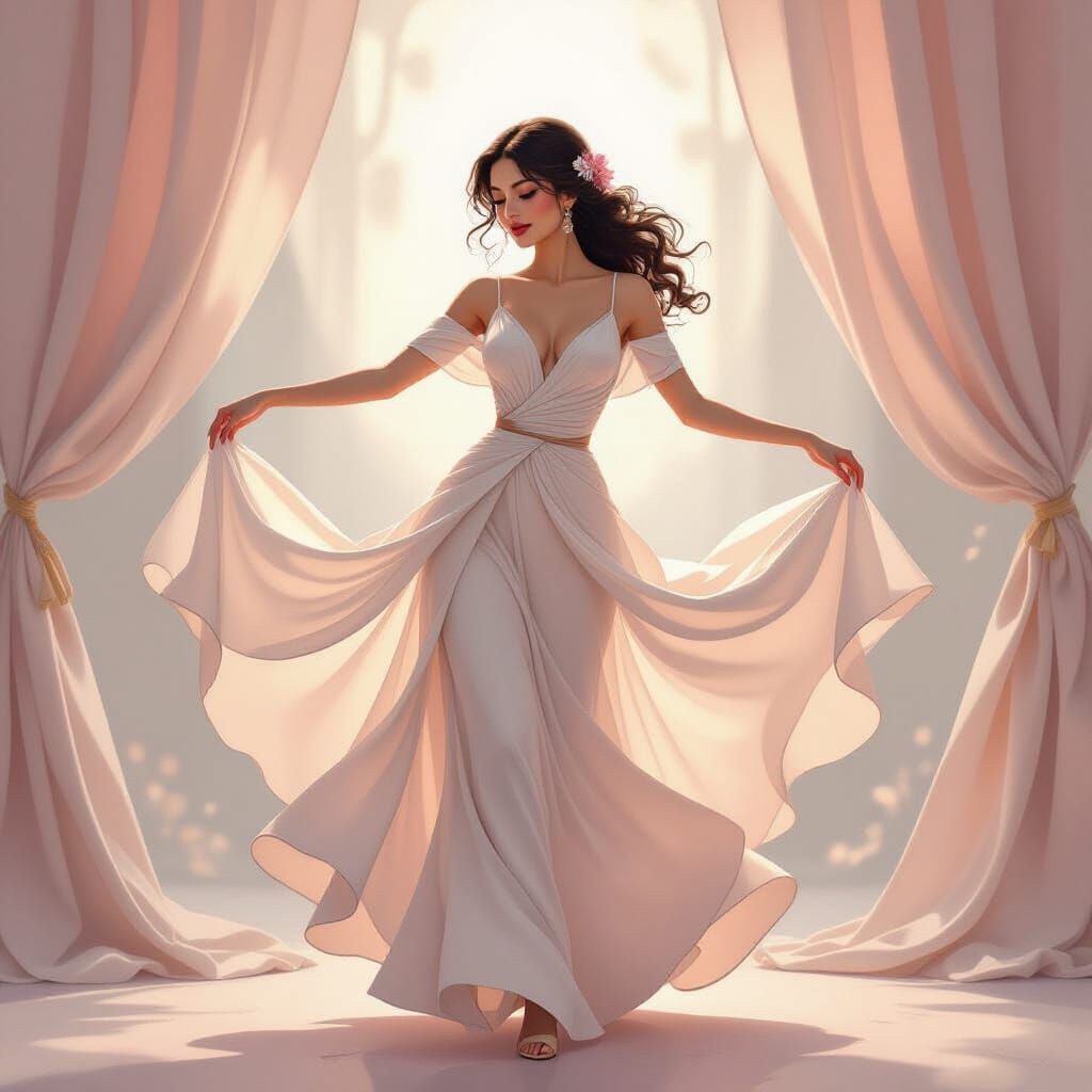 Elegant Woman Dancing in Whimsical Pastel Dreamscape