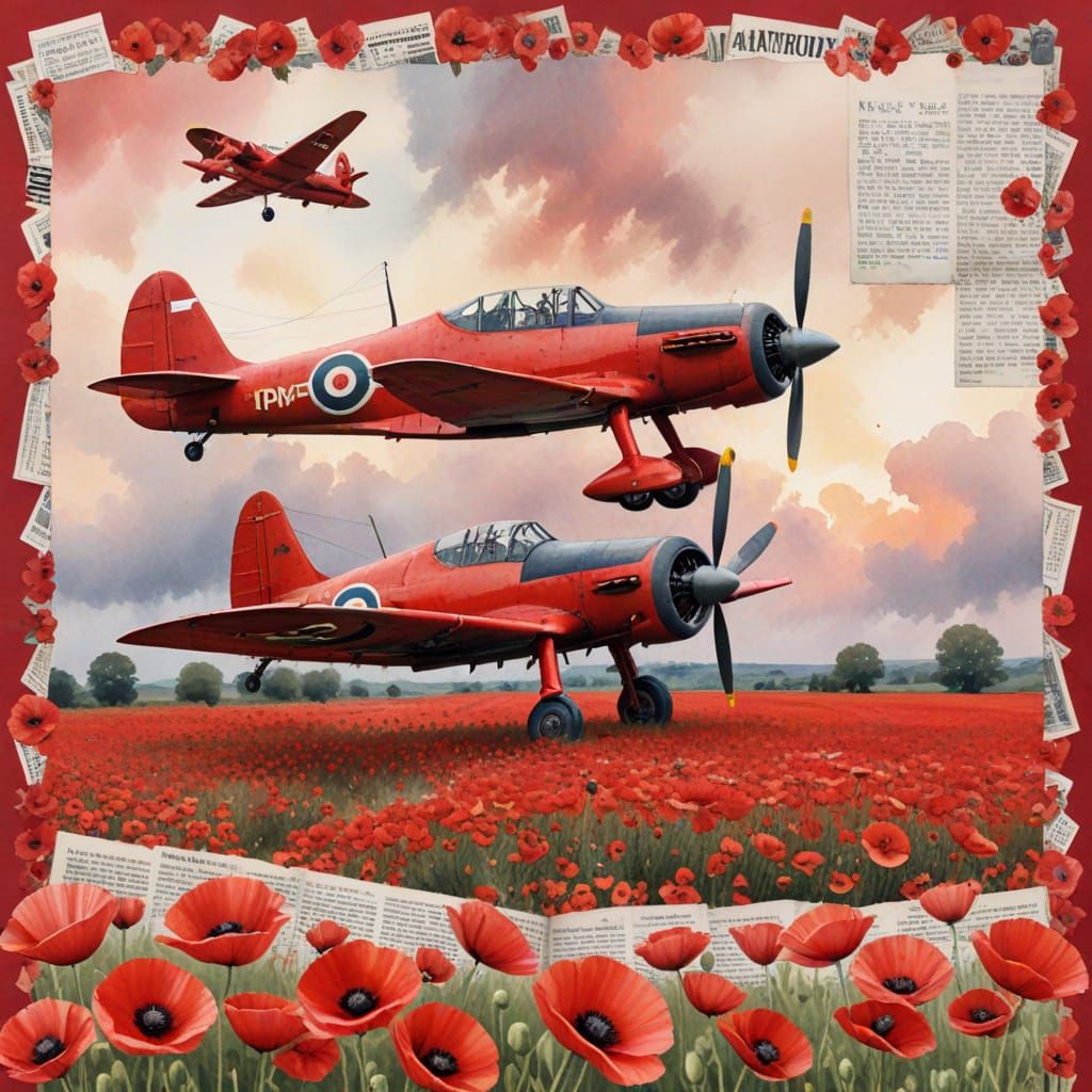 Red Corsair Plane Over Poppy Field