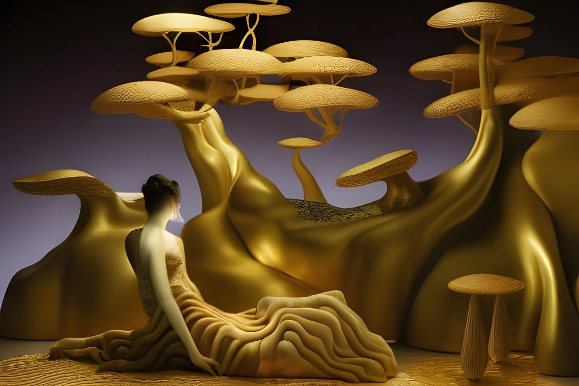 Gold Mushroom Woman in Fantasy Garden, 3D Render