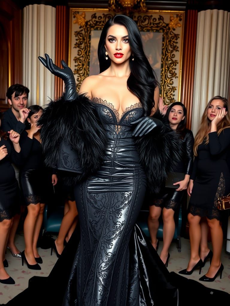 In this striking image, a man-sissy with long shining black ...