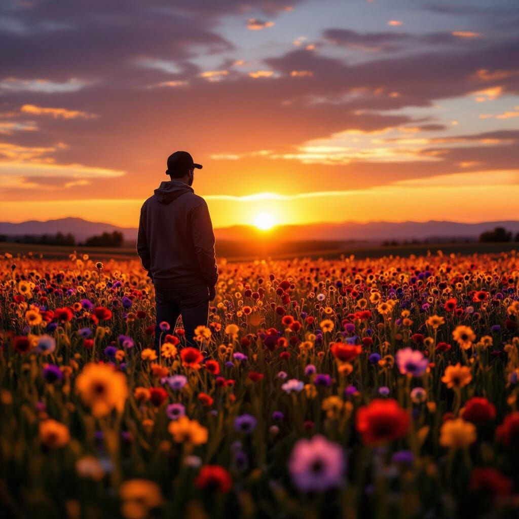 Sunset Silhouette in Flower Field, Landscape Photography