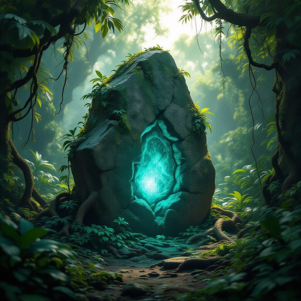 Ancient Stone Artifact in Lush Jungle, Ethereal Light