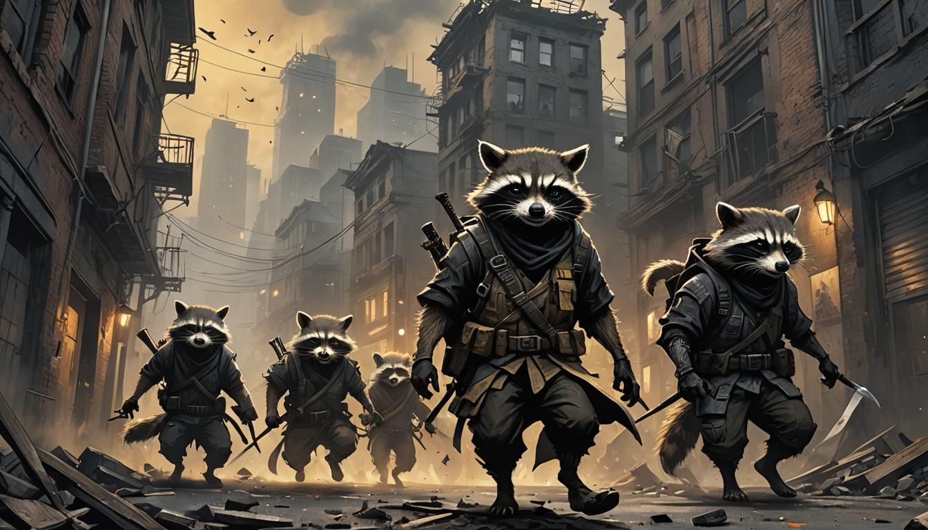 Ninja Raccoons in Ruined City: Gritty Comic Art