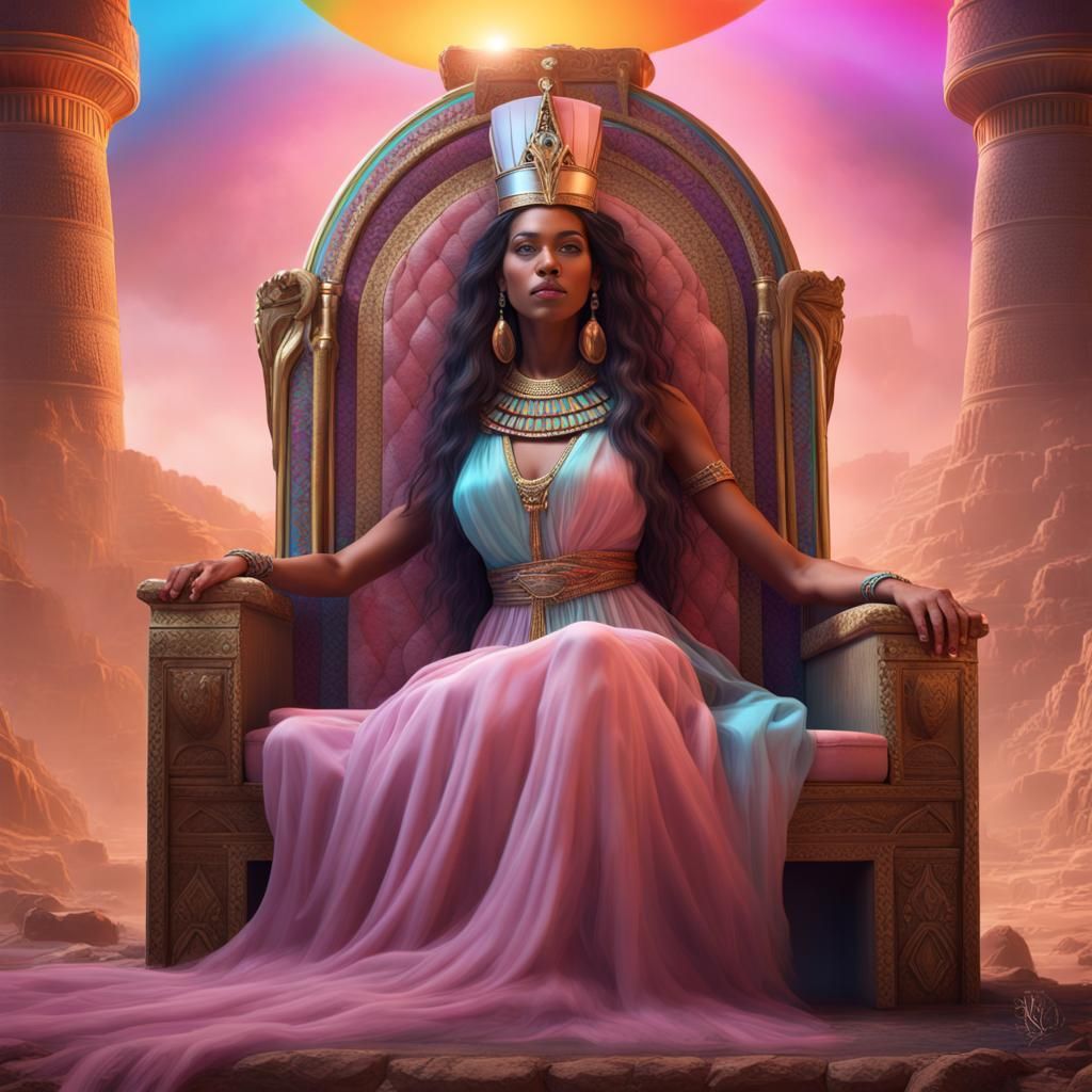 Hyperrealistic Egyptian Queen on Rainbow Throne