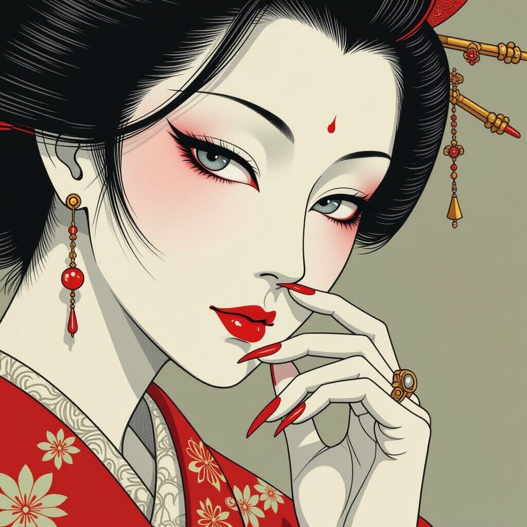 Ukiyo-e Inspired Yuki-onna Portrait with Vintage Jewelry