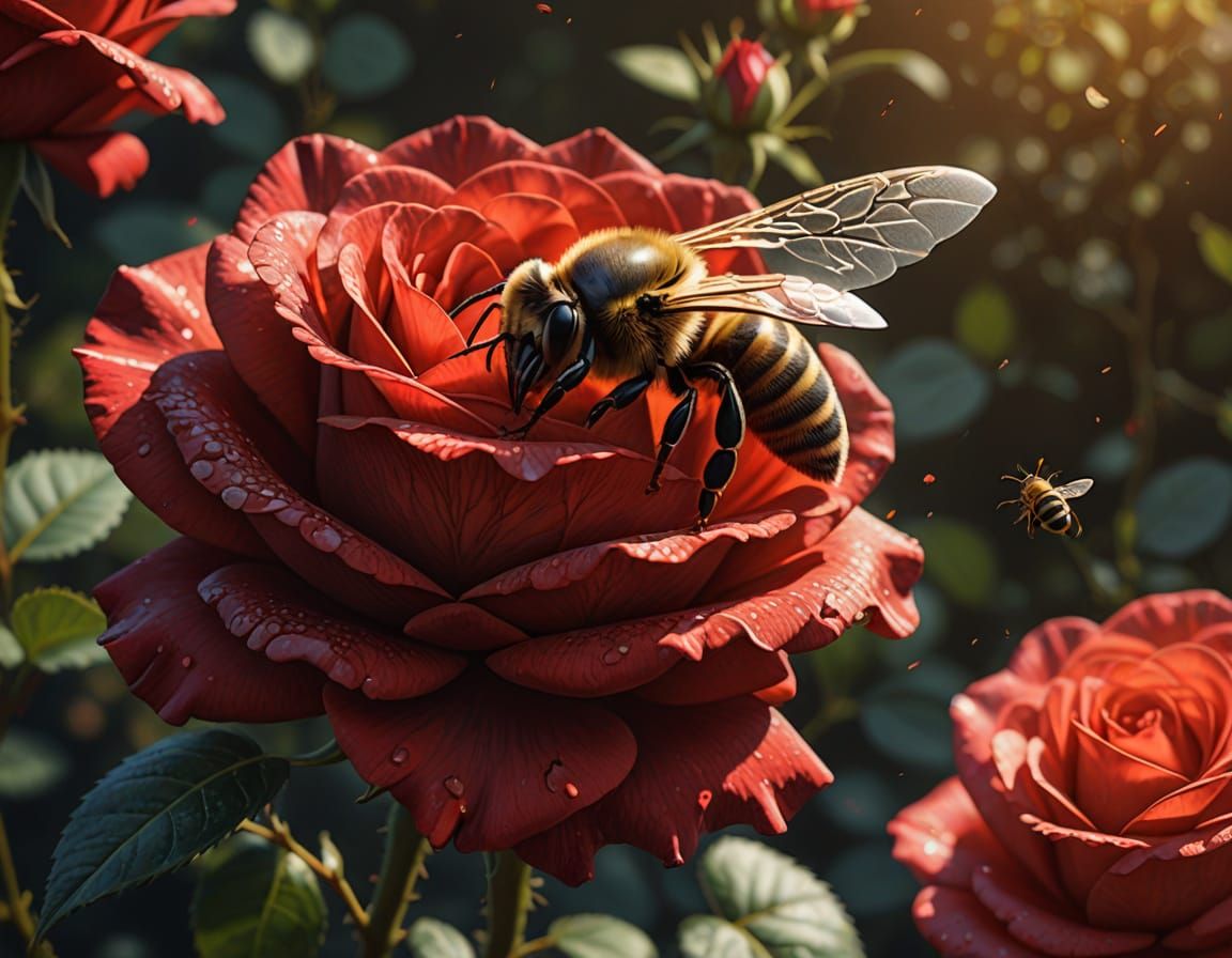 Hyperrealistic Bee Landing on Red Rose Flower Portrait