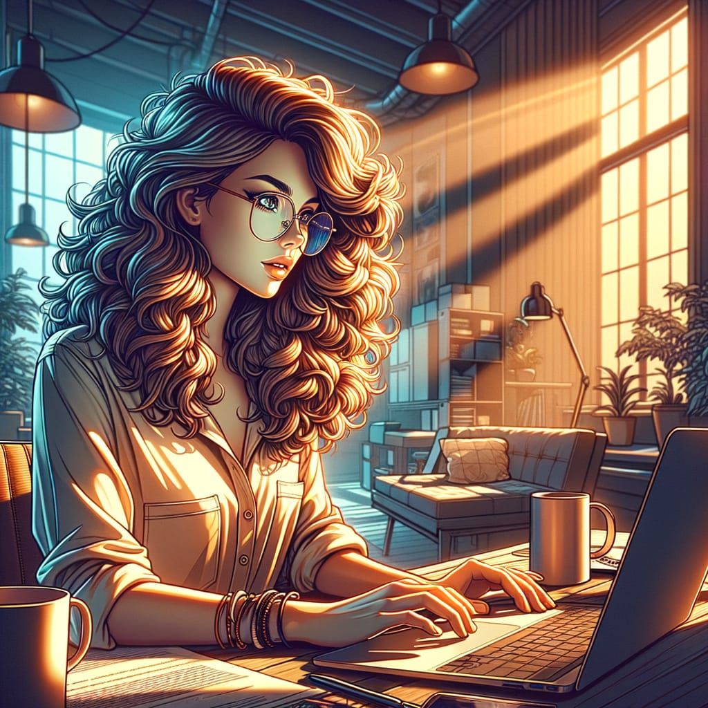 Young Woman Working in Cozy Office with Cinematic Lighting