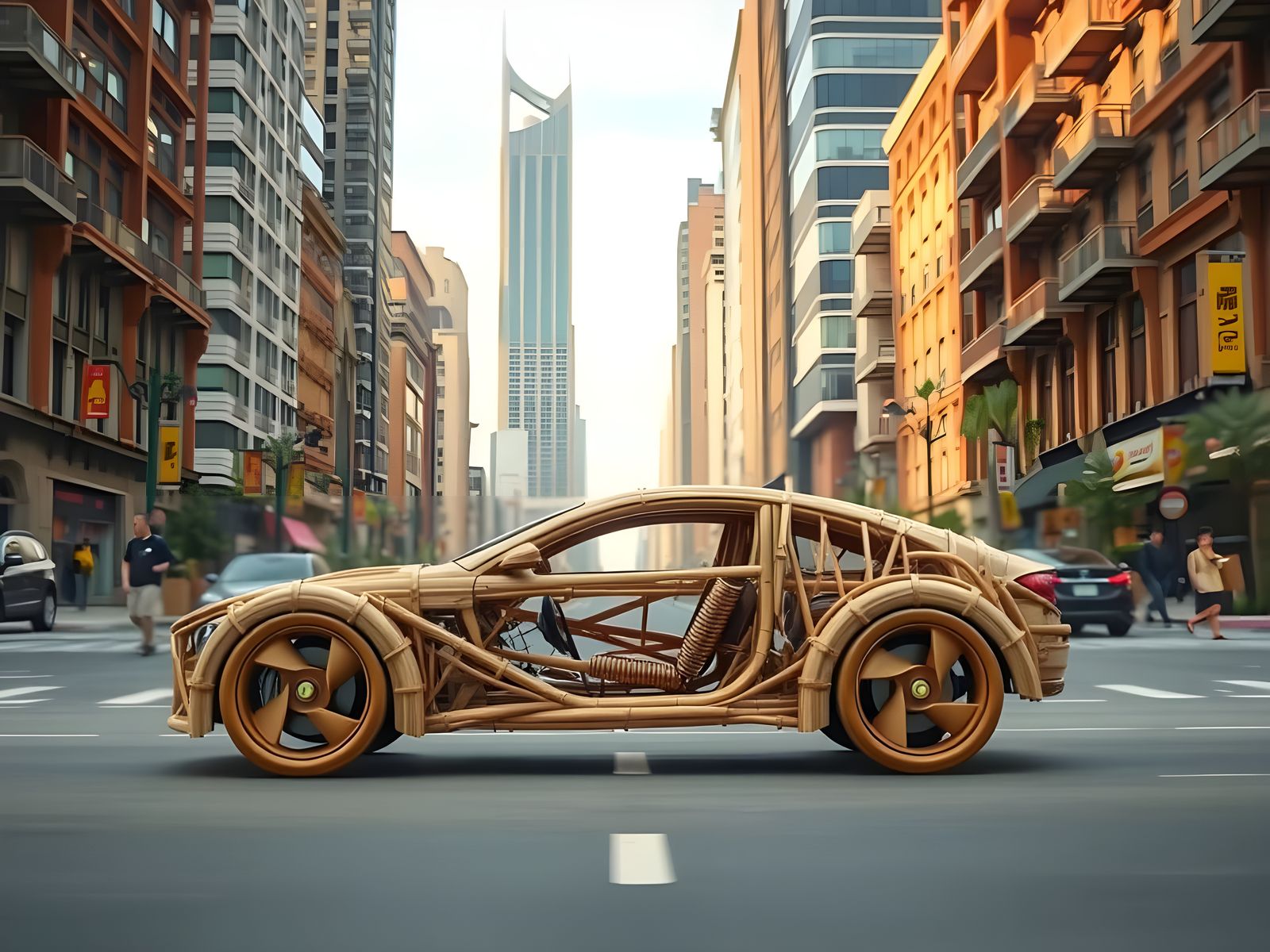 Modern Wooden Car in a City of Sticks