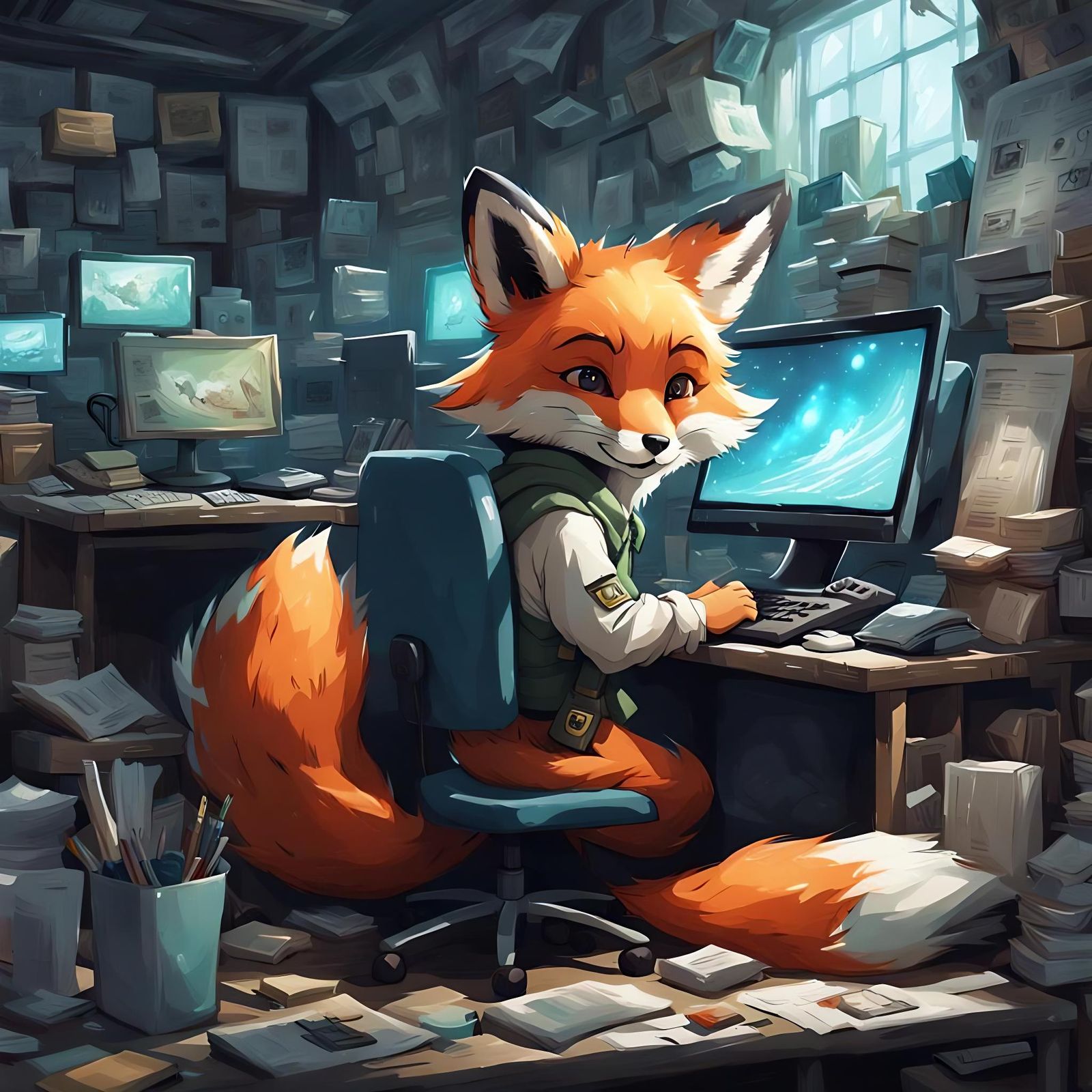 Adorable Fox Human Working at Computer, Splash Art