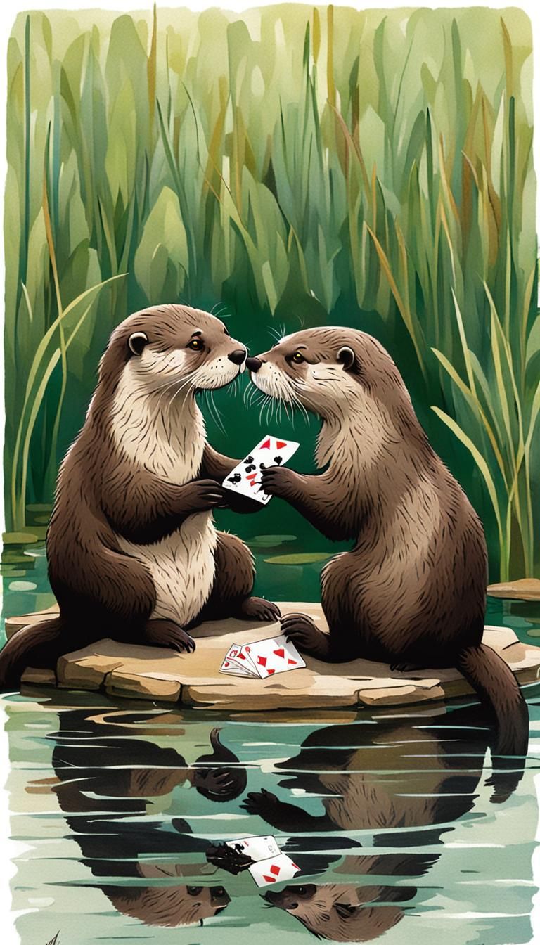 Otters Playing Cards in Pond Illustration