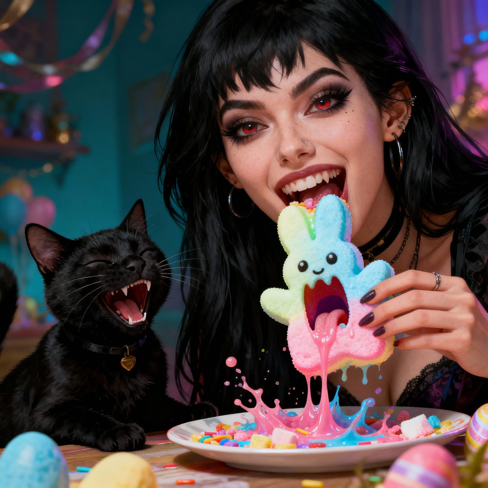 Woman Eating Screaming Peeps with Laughing Cat