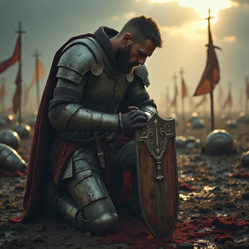 Teutonic Knight Kneels on War-Torn Battlefield