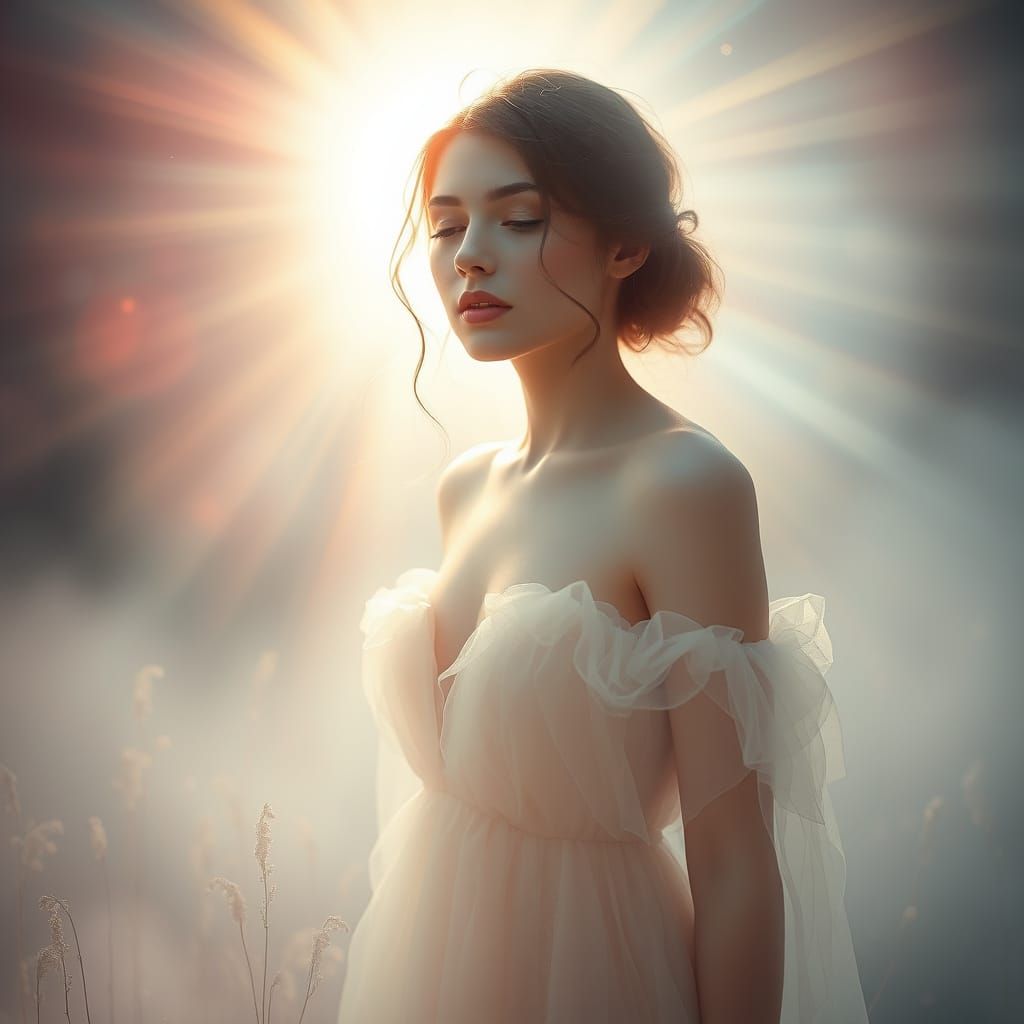 Ethereal Woman in Pastel Dreamscape, Art Nouveau