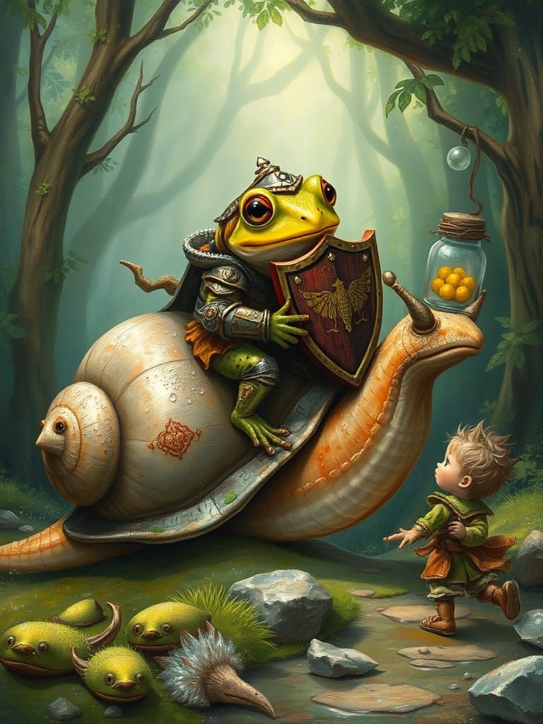 Frog Paladin Rides Snail into Battle