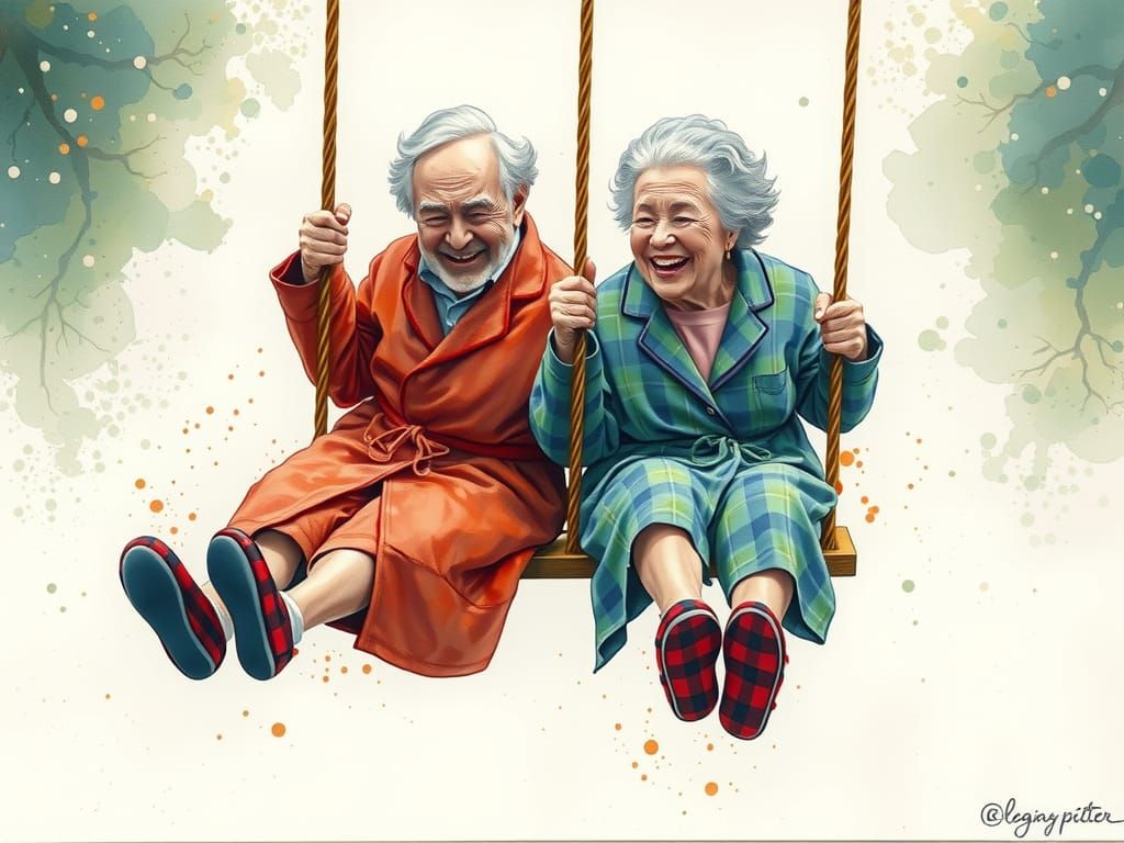 Laughing Couple on a Swing: Splash Watercolour Art