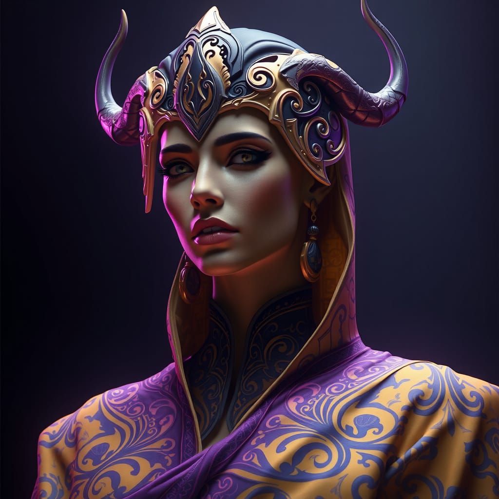 Serene Vulcan Goddess in Dark Fantasy Realm