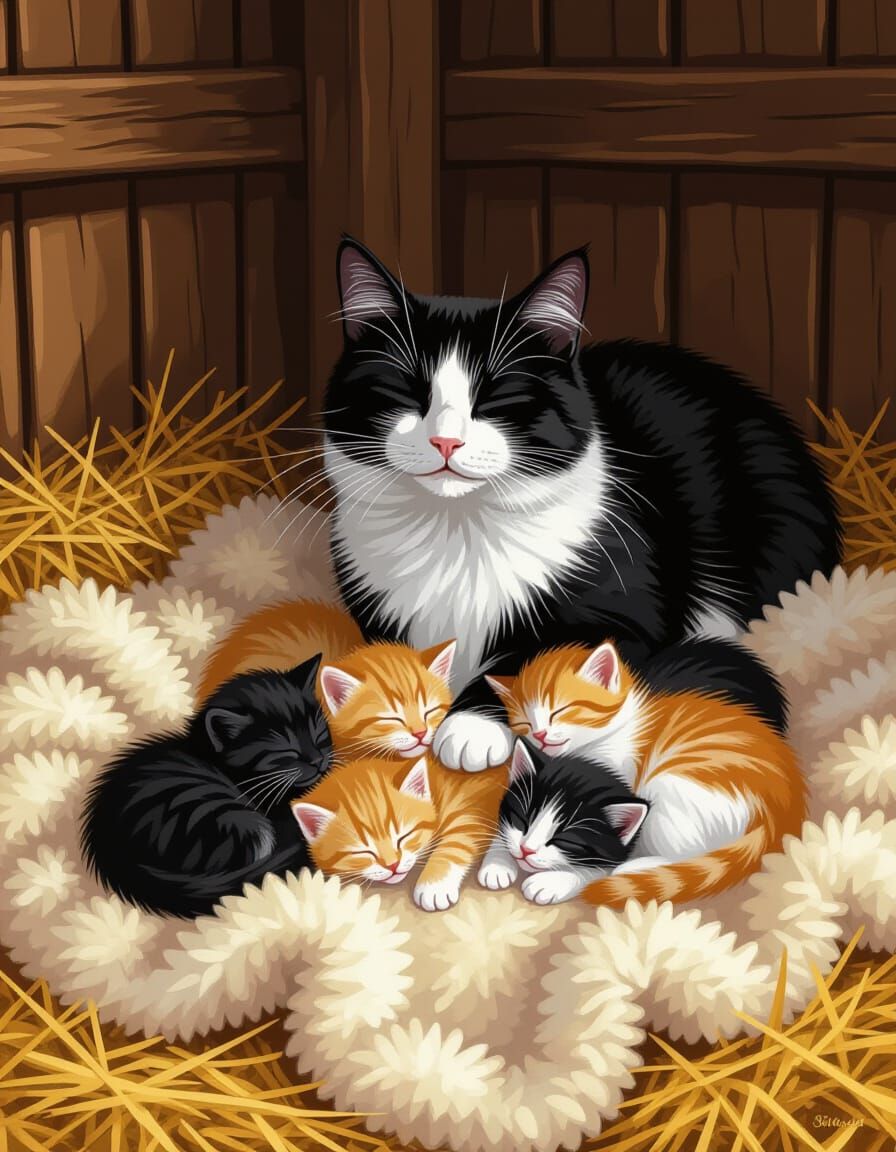 Mother Cat Watches Sleeping Kittens in Barn