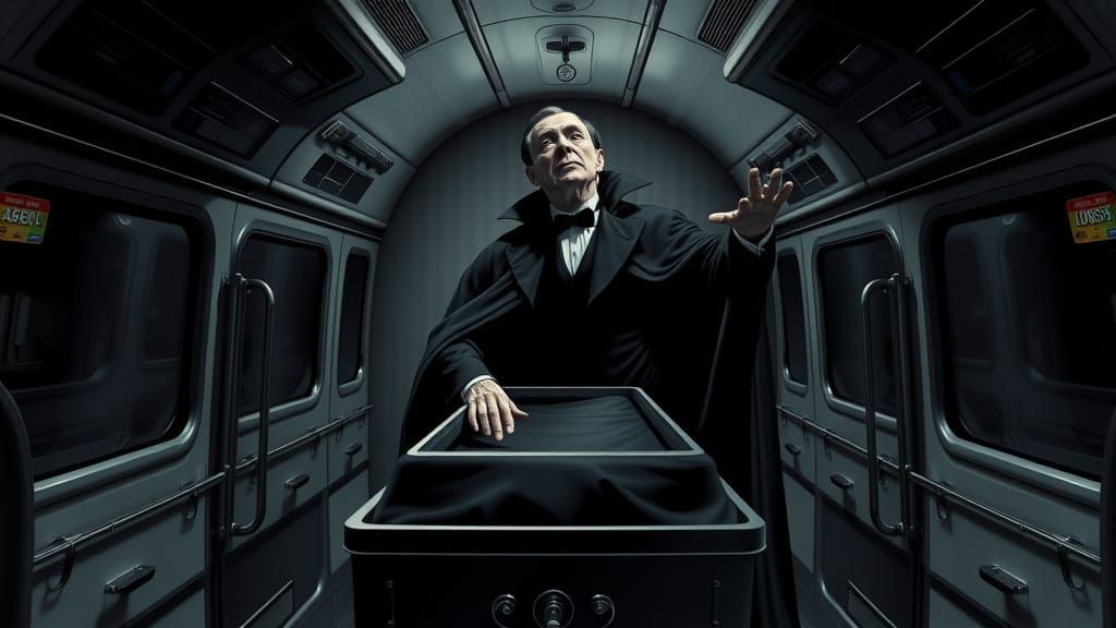 Nosferatu Dracula Rises from Coffin in Modern Train, Dark Ee...