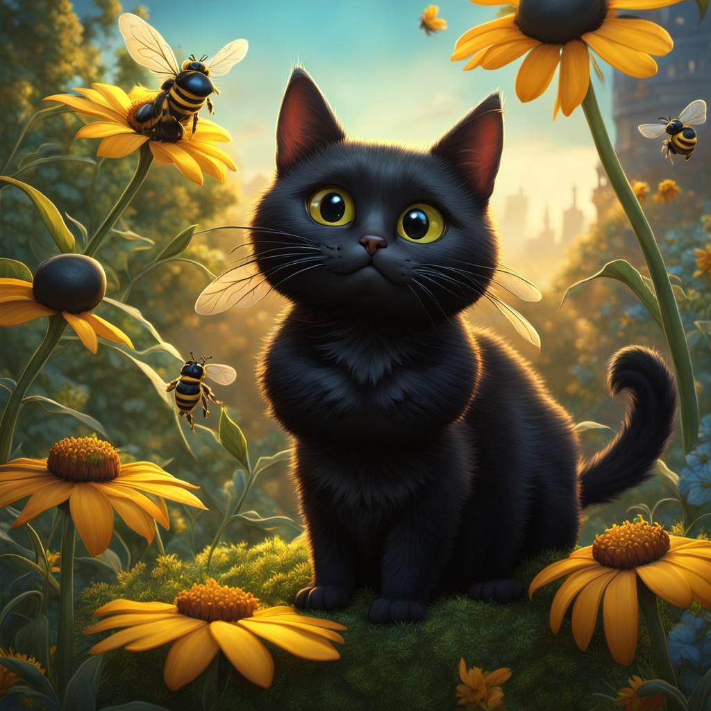 Cartoon Cat Gazing at a Bee