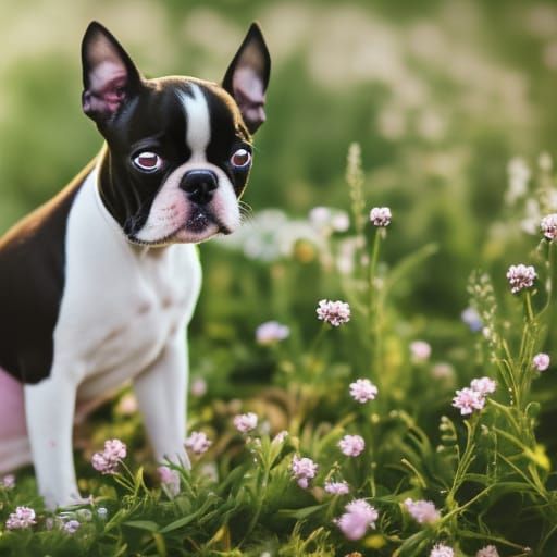 Boston Terrier Puppy in Pastel Blue Flower Field
