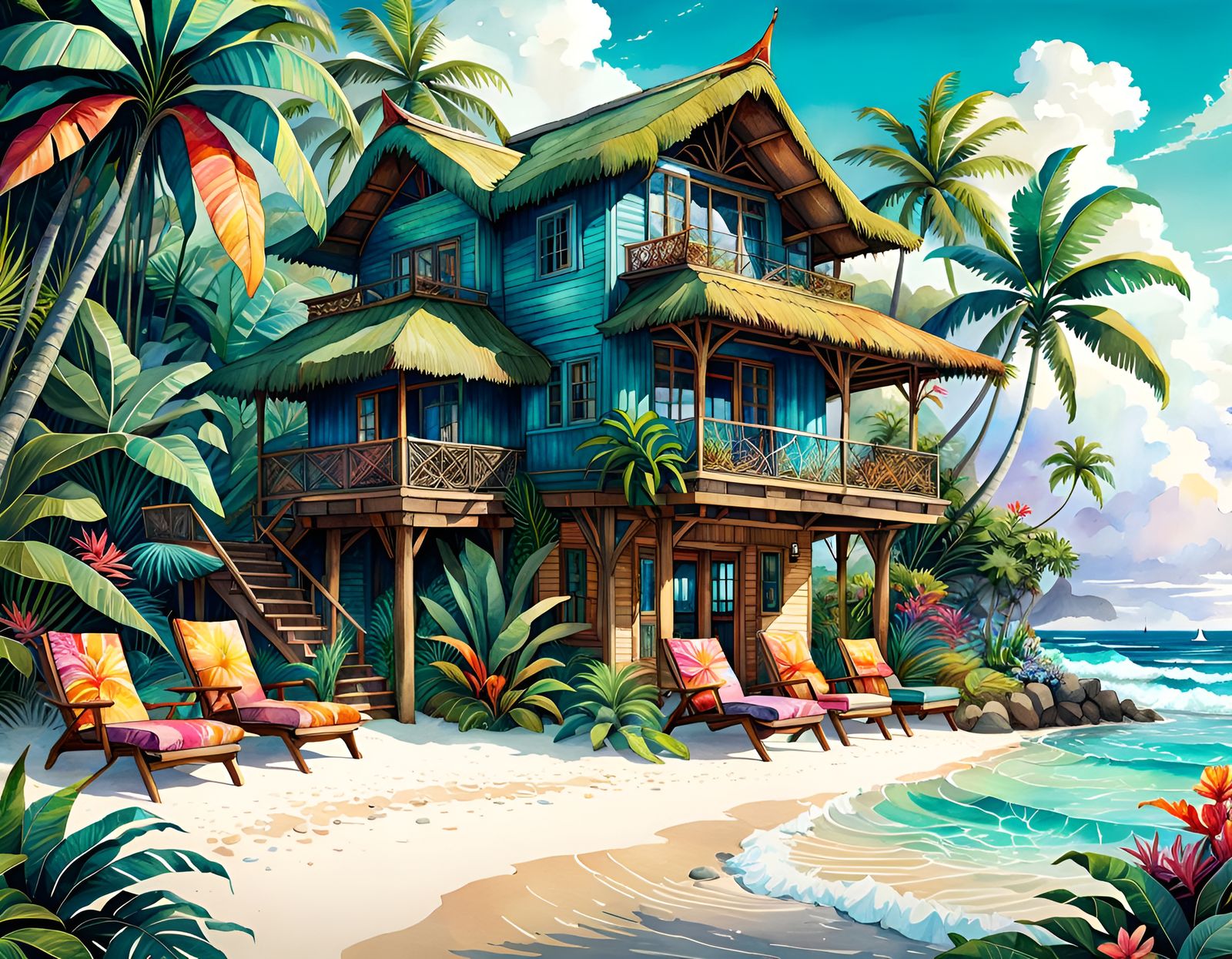 Tropical Paradise: A Digital Watercolor Fantasy Island