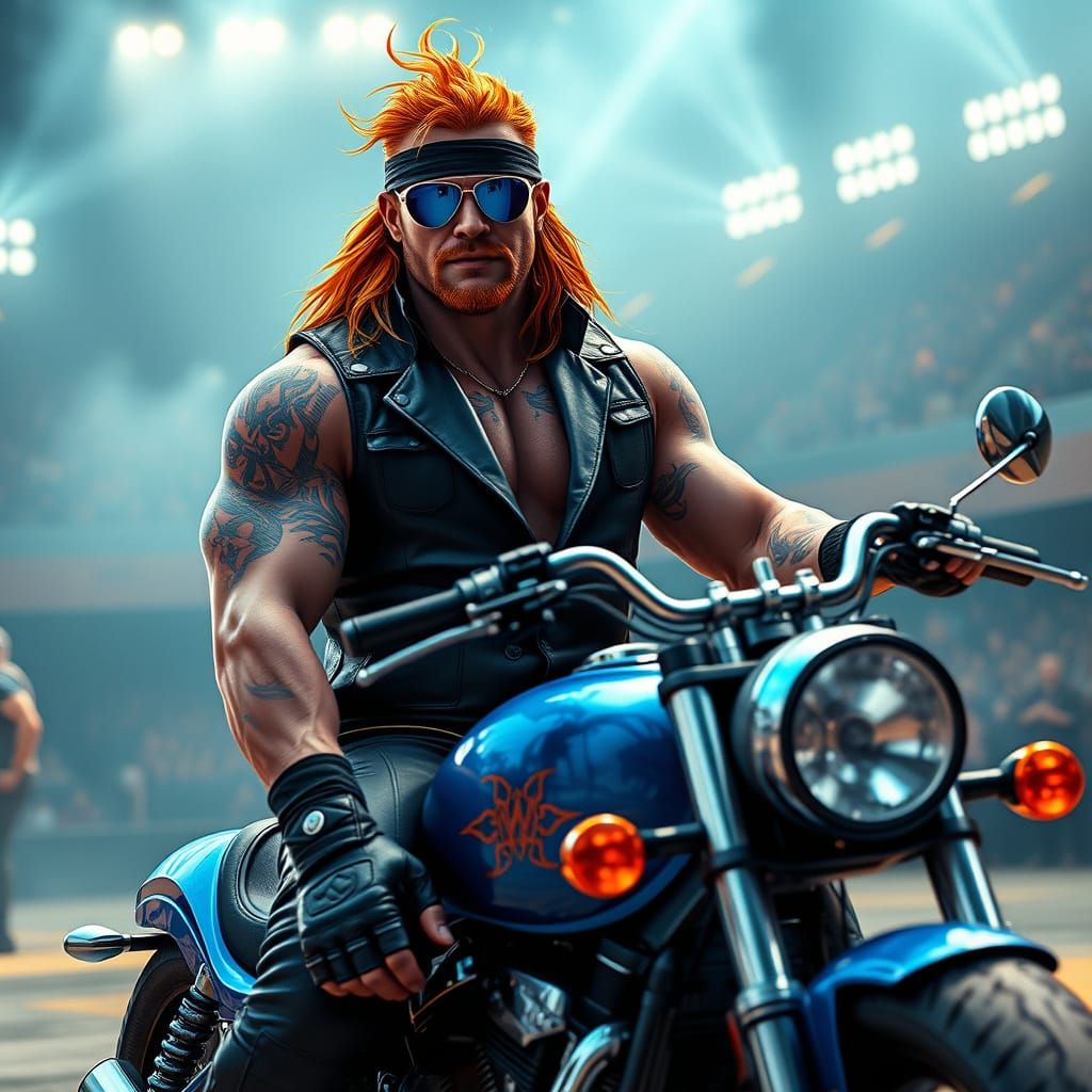 Cyberpunk Wrestler on Motorcycle in 3D Anime Style
