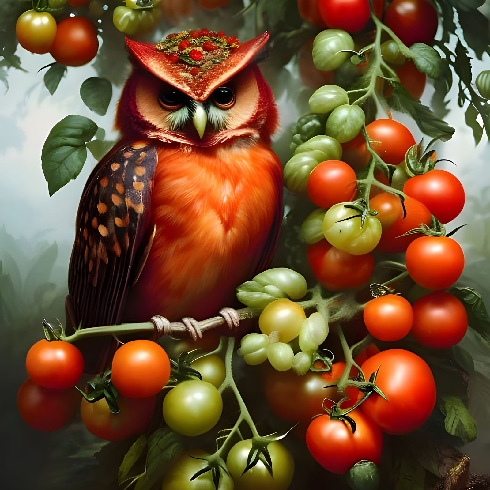 Tomato Owl Hyperdetailed Gouache Illustration