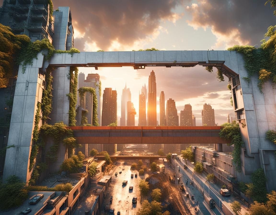 Photorealistic Ruined Cityscape in Golden Hour Lighting