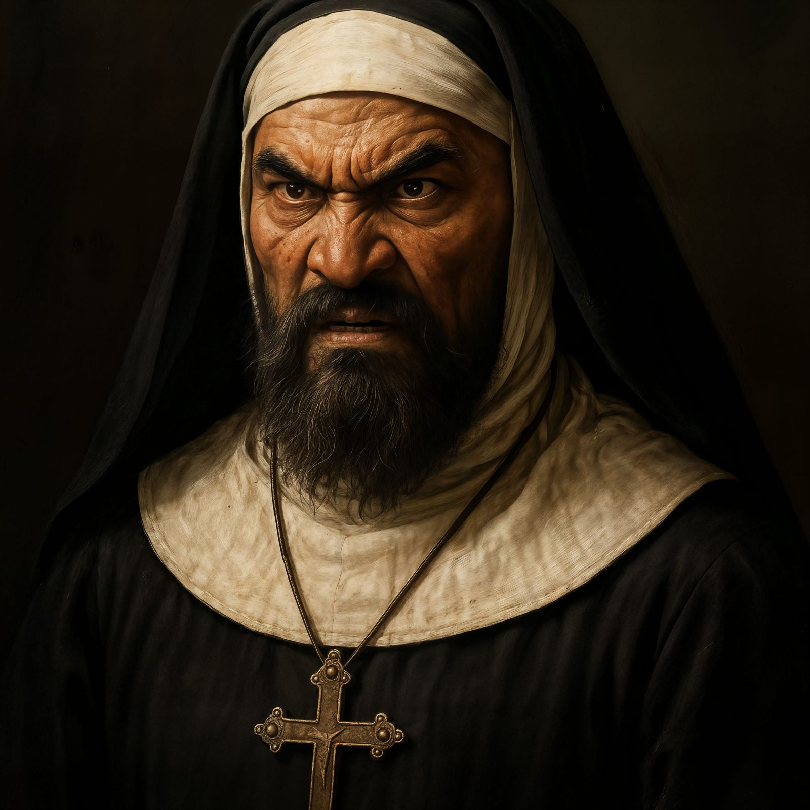 Fierce Atilla the Hun as a Nun in CGI